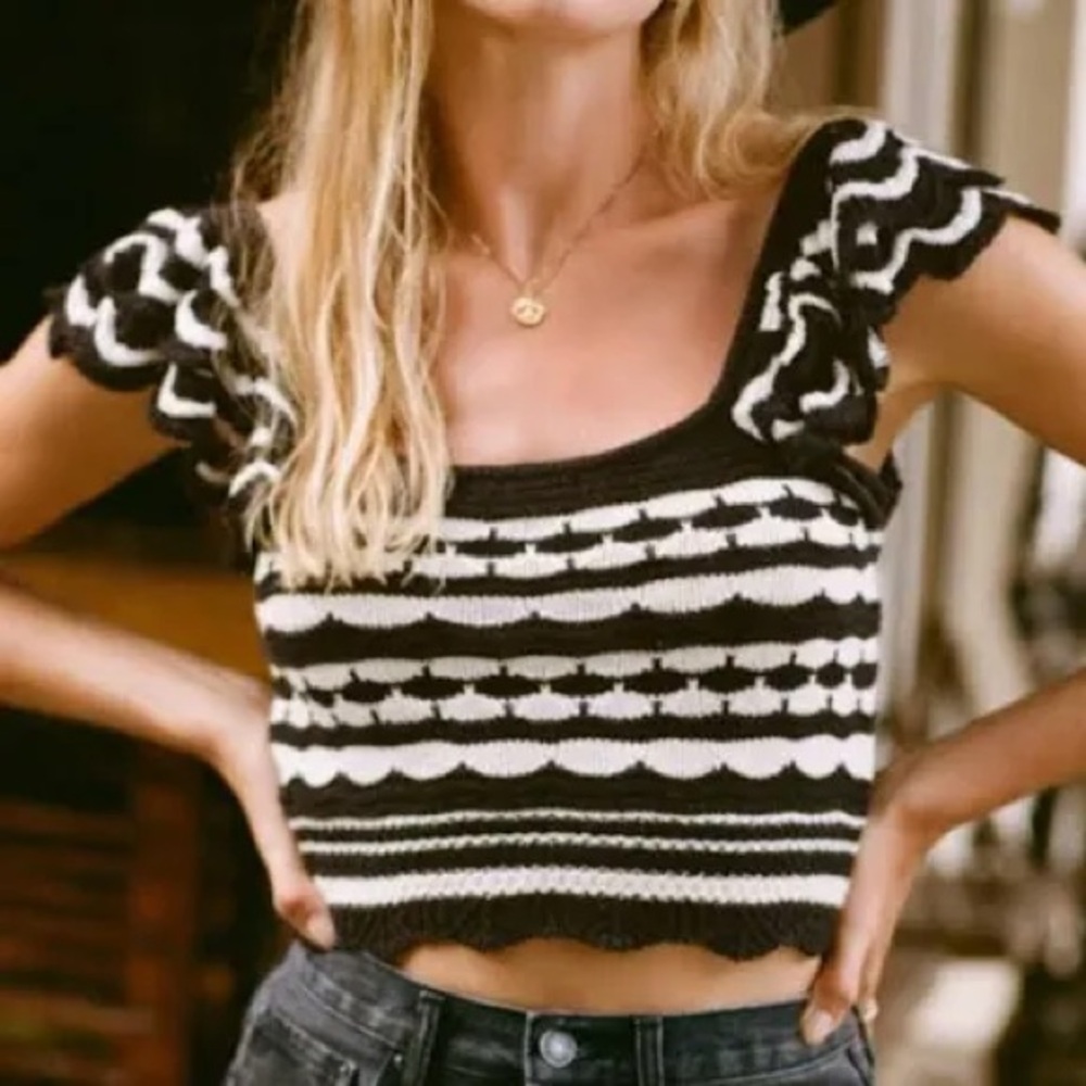 Navy & White Striped Knit Crop Top
